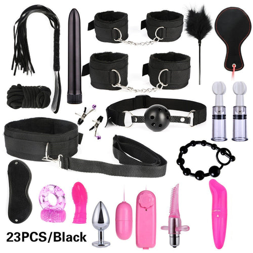 Women Men Porno Sex Handcuffs Nipple Clamps Whip Mouth Gag Sex Mask Anal Plug Bondage Set Sexy Lingerie Toys for Adults